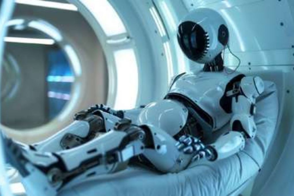 Un robot humanoide de color blanco descansa recostado en un asiento ergonómico dentro de una habitación con diseño futurista y ventanas circulares. La imagen representa el futuro de la inteligencia artificial y la tecnología en la vida cotidiana.
