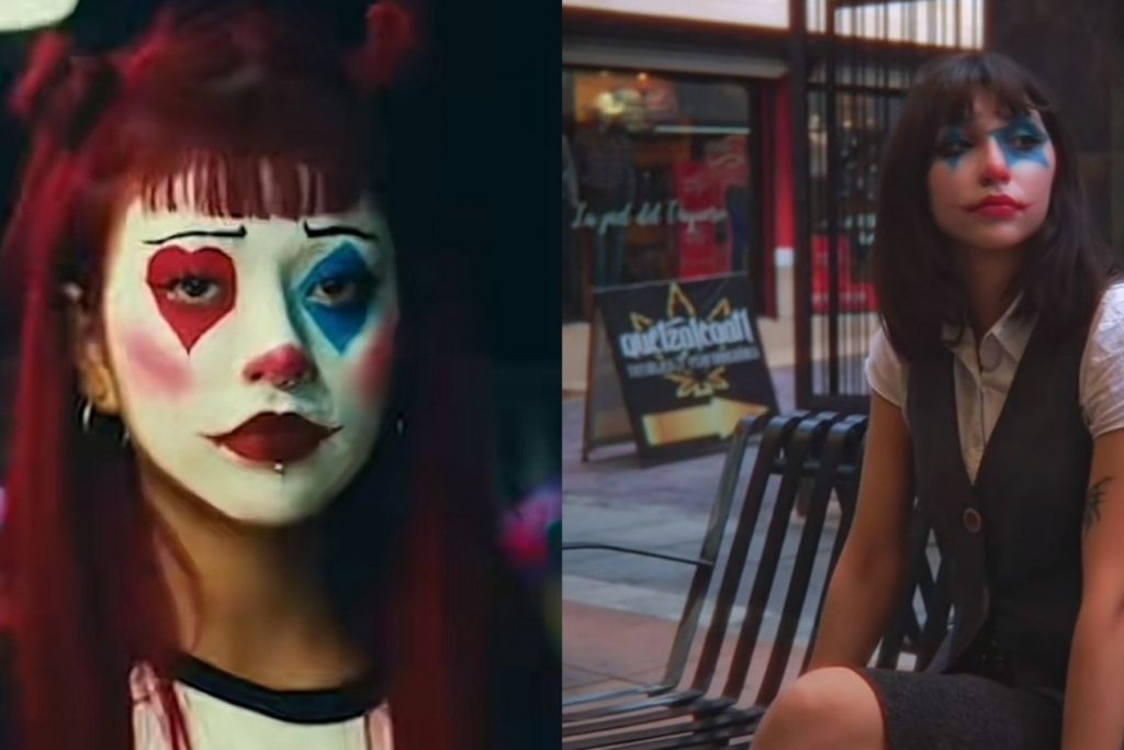 Collage de dos mujeres jóvenes con diferentes estilos de maquillaje de payaso, mostrando la diversidad de interpretaciones del trend "Ojitos Mentirosos" en escenarios urbanos de TikTok.