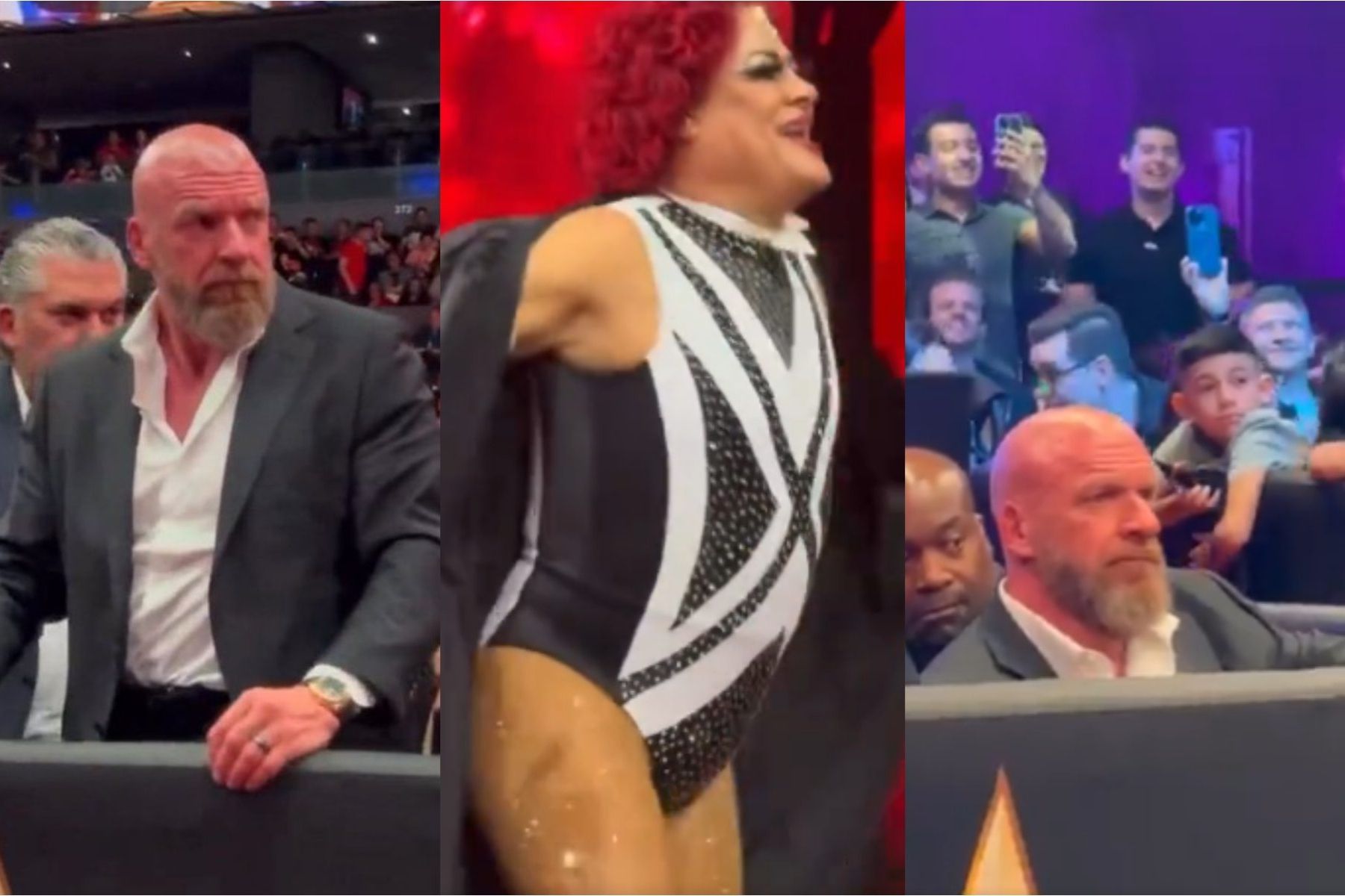 Un collage de fotos que muestra a Triple H de WWE observando a Pimpinela Escarlata. La nota revela la opinión del directivo sobre el luchador exótico.