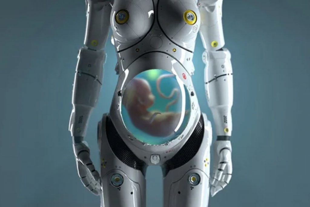 orso de un robot ginoide (con apariencia femenina) que muestra un feto humano en desarrollo dentro de una esfera transparente en su abdomen. Esta representación visual de un útero artificial explora el futuro de la gestación y la tecnología reproductiva.