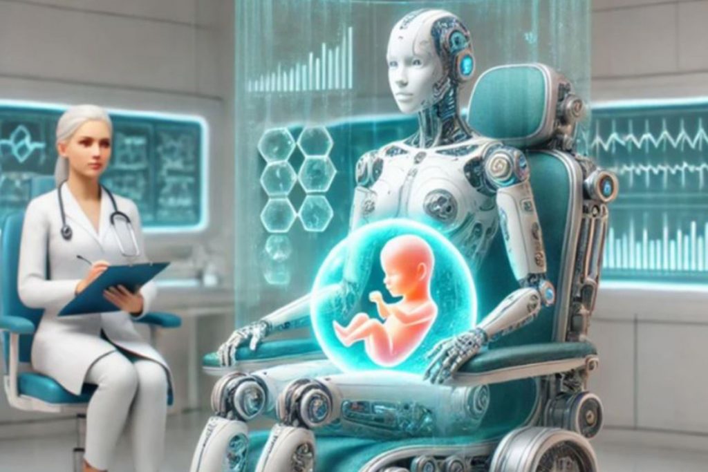 Una doctora con bata blanca y estetoscopio toma notas junto a un robot ginoide sentado en una silla médica. El robot proyecta un holograma de un feto humano, ilustrando una consulta sobre los avances de la tecnología en la medicina reproductiva y los úteros artificiales.