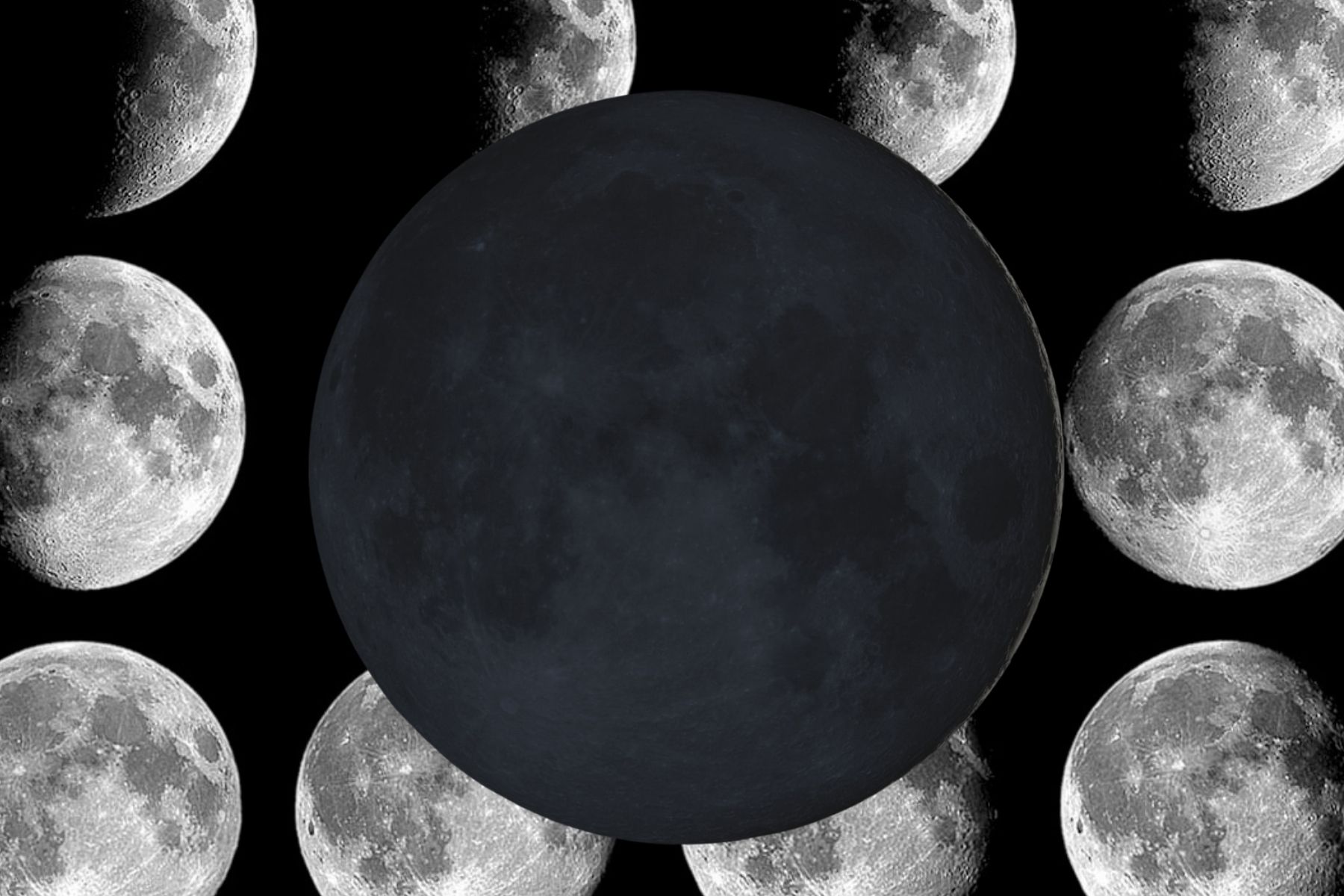 Composición de las fases lunares con la Luna Negra en el centro. Se muestra la fase de luna nueva, rodeada por las otras etapas del ciclo lunar como el cuarto creciente, la luna llena y el cuarto menguante.