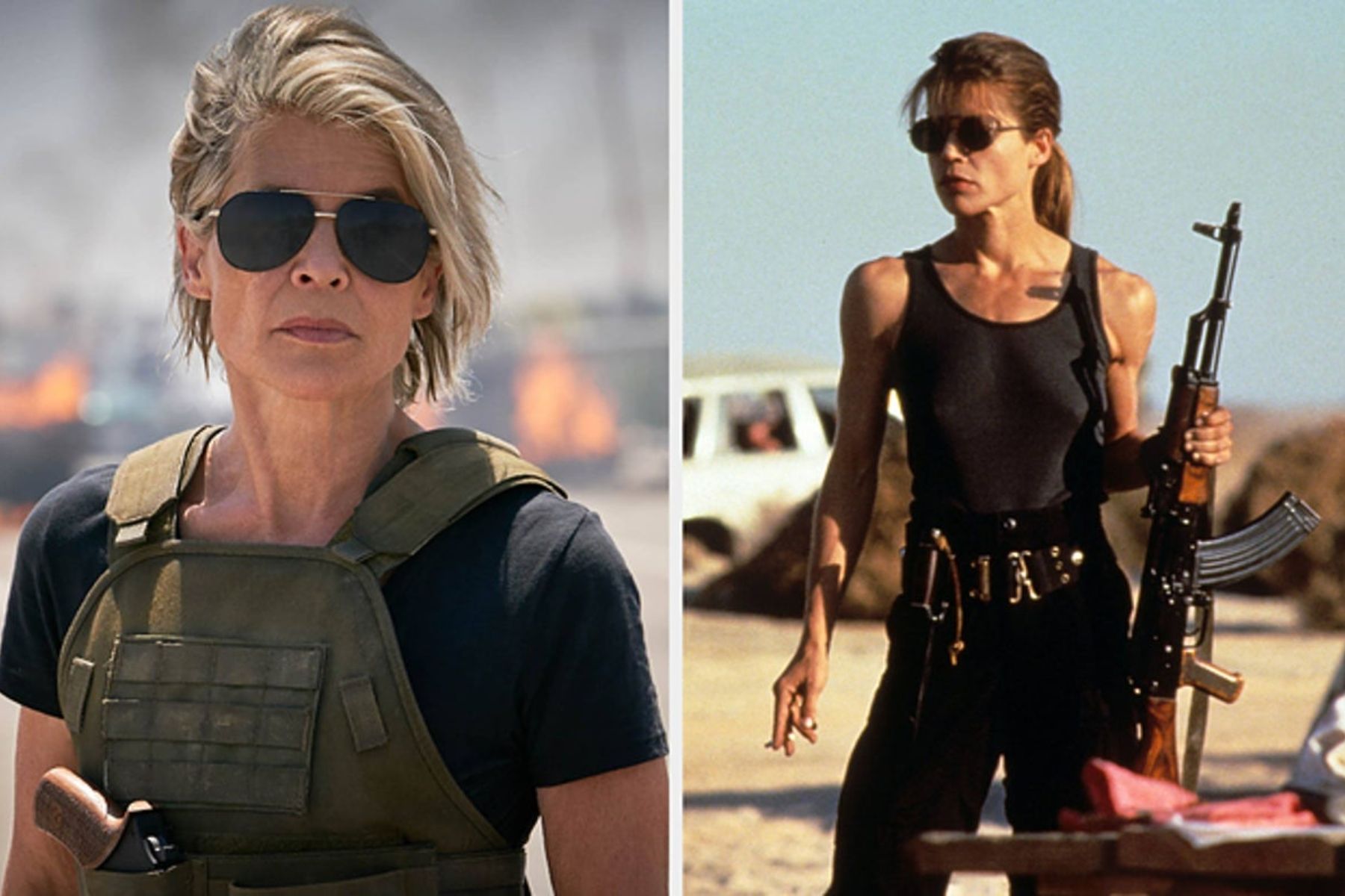 Comparativa del antes y después de Linda Hamilton como Sarah Connor. La nota muestra la increíble transformación de la actriz para volver a la saga de Terminator.