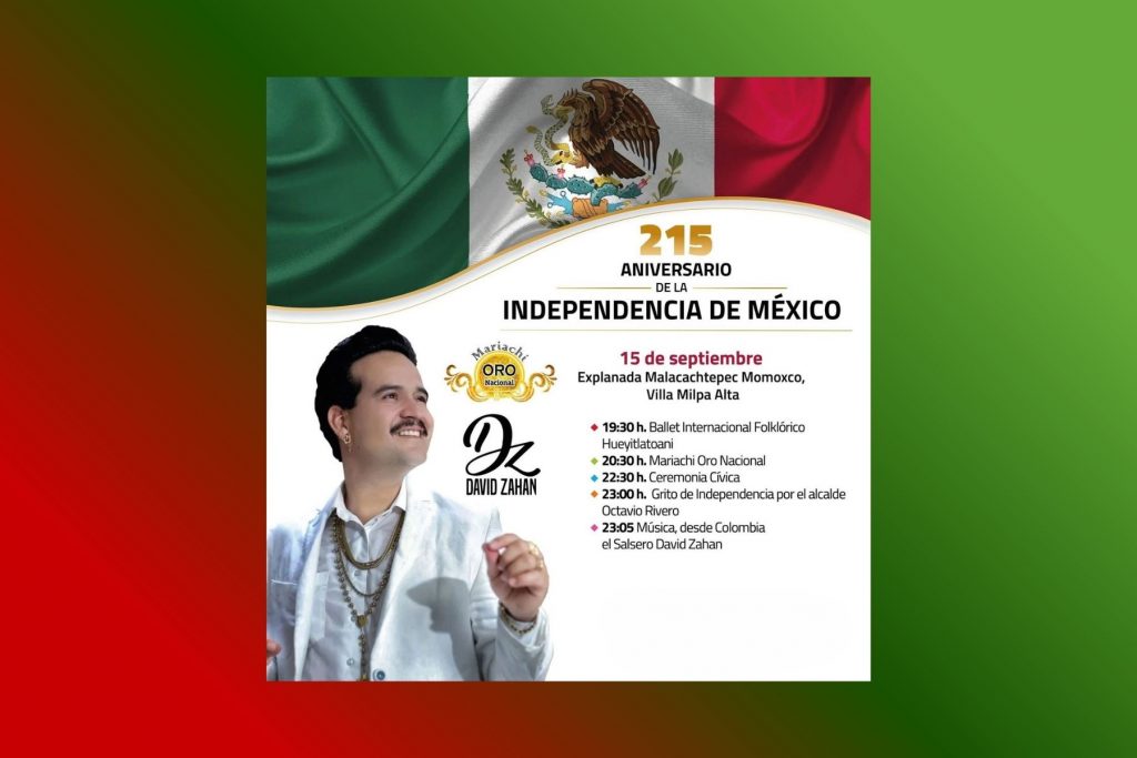 Póster del evento del 15 de septiembre en Milpa Alta con David Zahan. La nota detalla el horario del concierto gratuito para celebrar el Grito de Independencia.