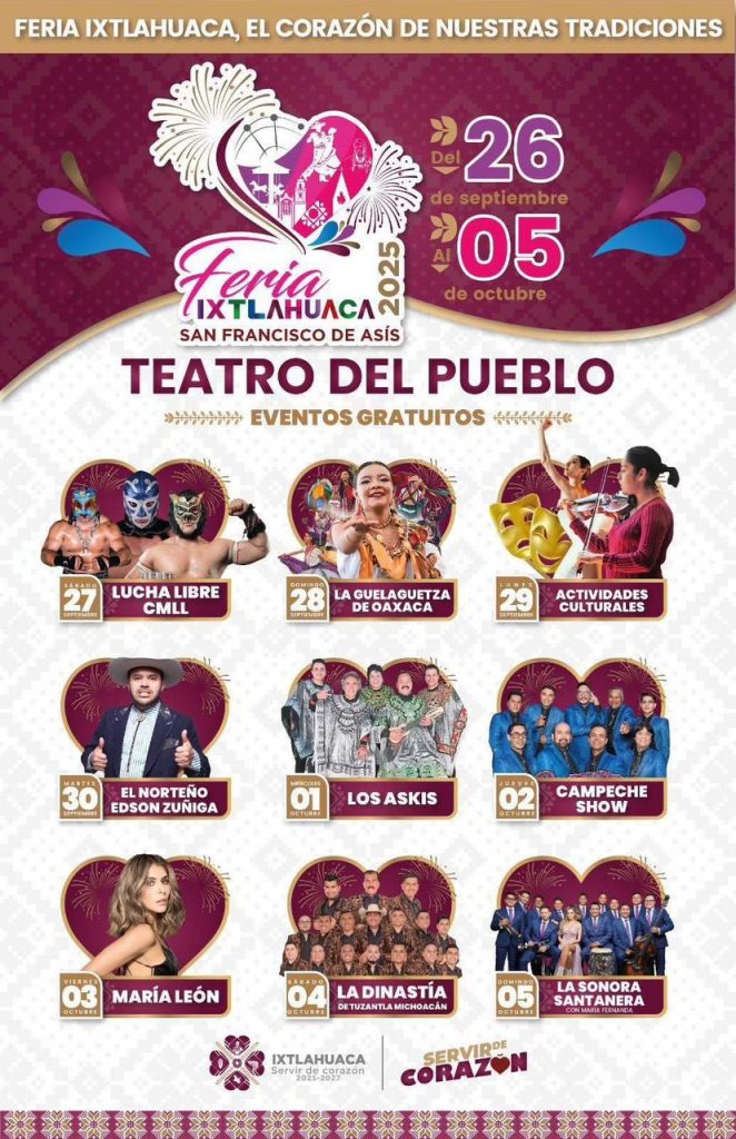 Cartelera de conciertos gratuitos de la Feria de Ixtlahuaca 2025. Se anuncian las fechas de presentación de Los Askis, La Sonora Santanera y más en el Teatro del Pueblo.