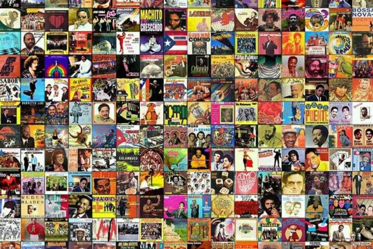 Collage de discos de salsa y cumbia