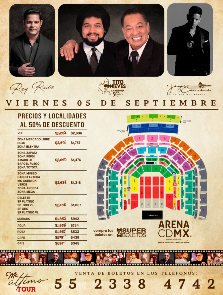 artel del concierto de salsa "Mi Último Tour" con Rey Ruiz, Tito Nieves y Jorge Carmona en la Arena CDMX. La nota informa sobre el evento, los precios de los boletos y los descuentos disponibles.