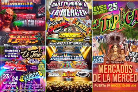 Un collage de pósters de los bailes sonideros y conciertos gratuitos por el 68º Aniversario del Mercado de La Merced. La nota informa sobre la cartelera de festejos.