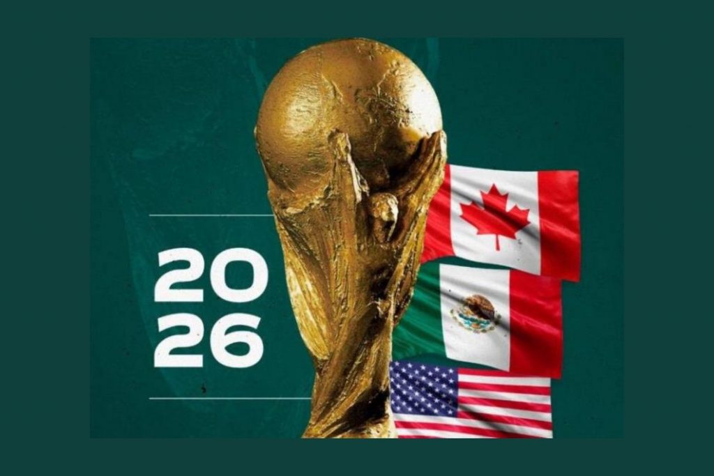Copa del mundo con tres banderas a un costado