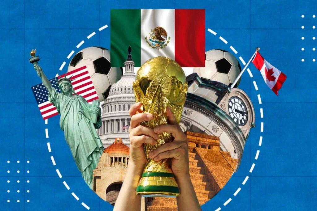 Collage de la copa del mundo con las banderas de México, Estados Unidos y Canadá, paises donde se jugará el mundial