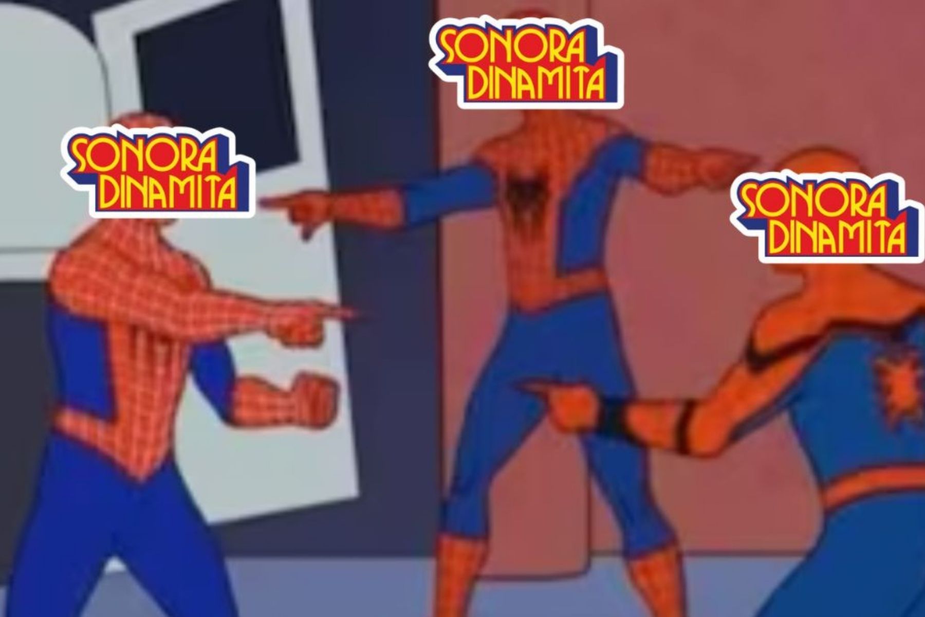El meme de los tres Spider-Man señalándose, con el logo de La Sonora Dinamita en cada uno. La nota explica por qué existen varias agrupaciones.