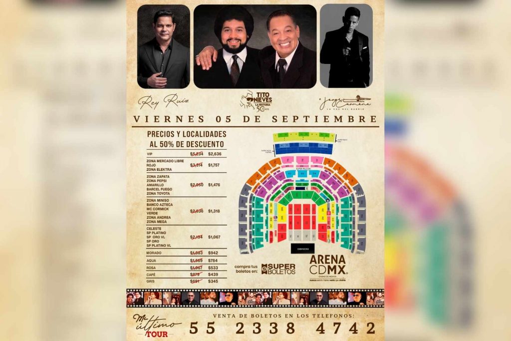 El póster del concierto de Rey Ruiz y Tito Nieves en la Arena CDMX con la lista de precios al 50% de descuento. La nota informa sobre esta increíble promoción.