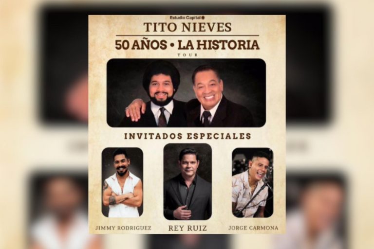 El póster del concierto de Tito Nieves celebrando sus 50 años de carrera. La nota informa sobre la gira de aniversario de "El Pavarotti de la Salsa" y sus invitados especiales.