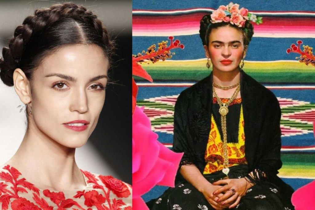 Una comparativa de una modelo con una trenza de diadema y la icónica Frida Kahlo. La nota se inspira en la artista para proponer peinados mexicanos.