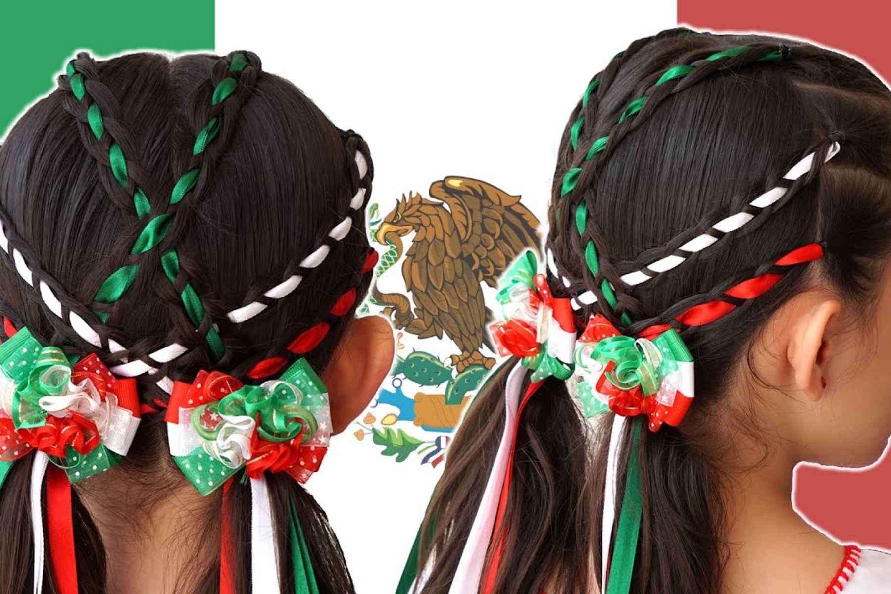 trenzas mexicanas con la bandera de méxico al fondo