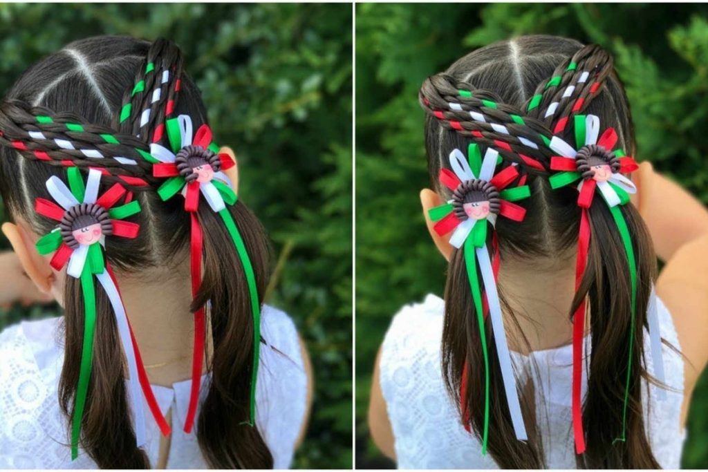  Un peinado para niña con trenzas cruzadas y moños tricolor. La nota ofrece ideas de peinados elaborados para las celebraciones del 15 de septiembre.