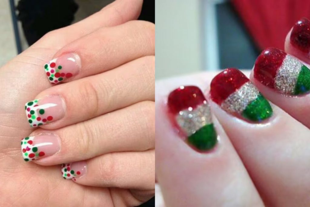 Dos diseños de uñas para el 15 de septiembre: uno con puntos y otro con glitter. La nota ofrece ideas divertidas y brillantes para celebrar.