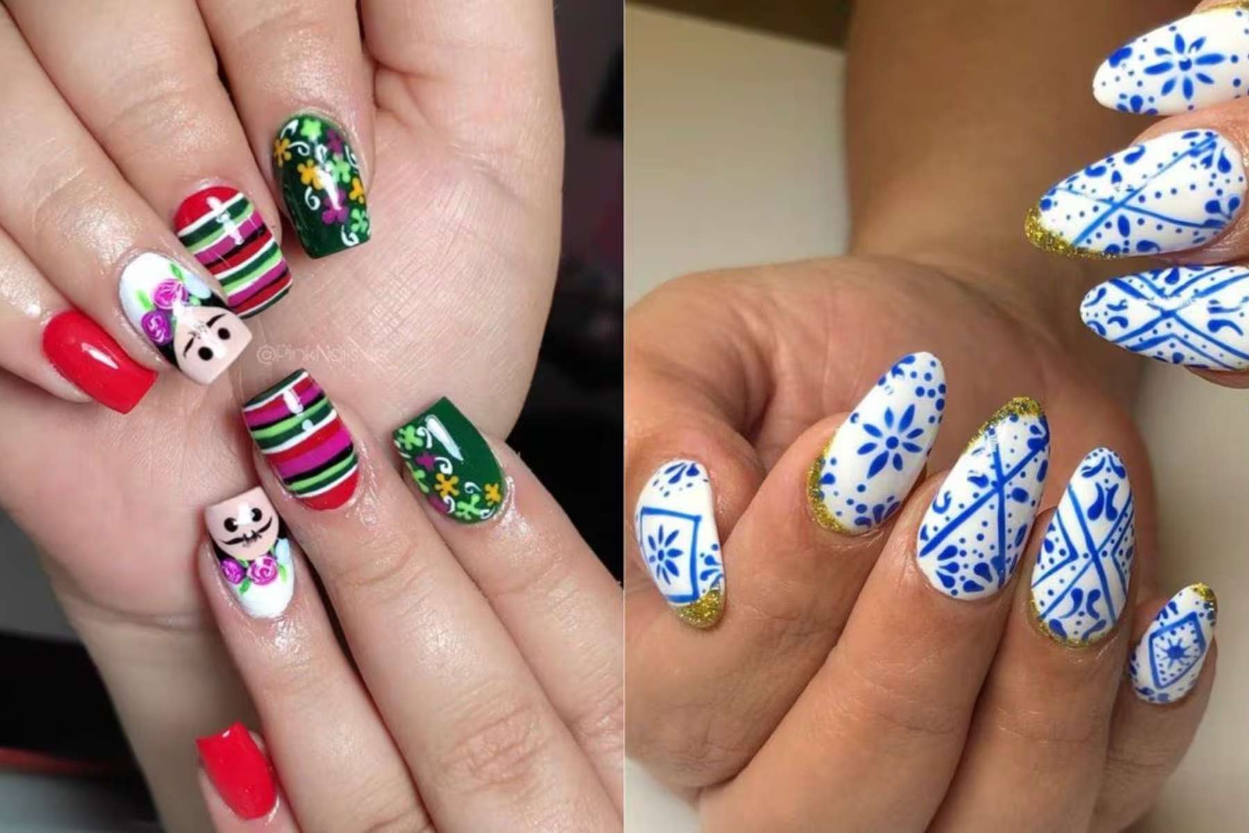 Dos diseños de uñas inspirados en el folclor: uno con muñecas Lele y otro estilo Talavera. La nota ofrece ideas basadas en la cultura mexicana.