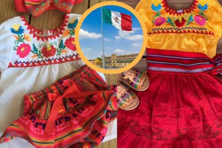 Dos conjuntos de ropa típica para niña con blusas bordadas y faldas coloridas. La nota ofrece ideas para vestir a las niñas en la Noche Mexicana.