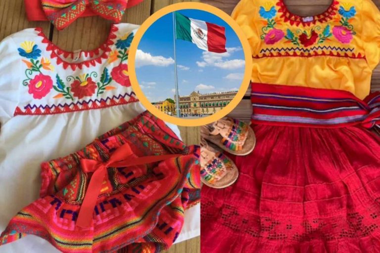 Dos conjuntos de ropa típica para niña con blusas bordadas y faldas coloridas. La nota ofrece ideas para vestir a las niñas en la Noche Mexicana.